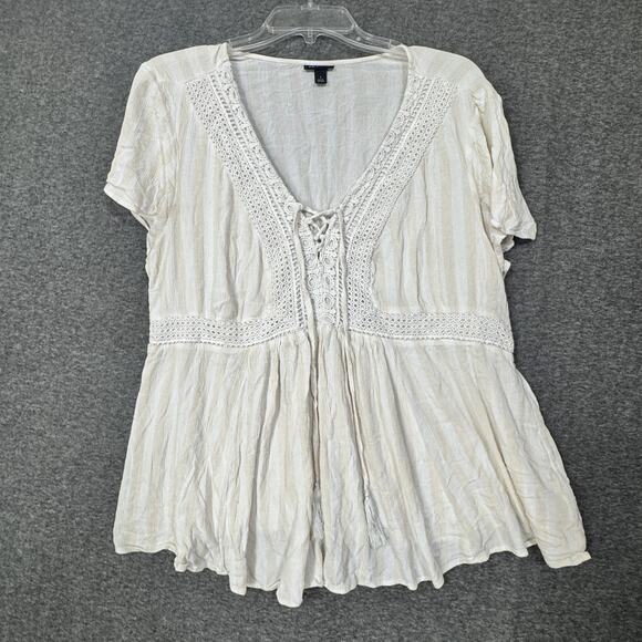 Torrid Boho Peplum Top Womens 1 Ivory White Stripe Crochet Lace Tie Front Rayon - Picture 1 of 11